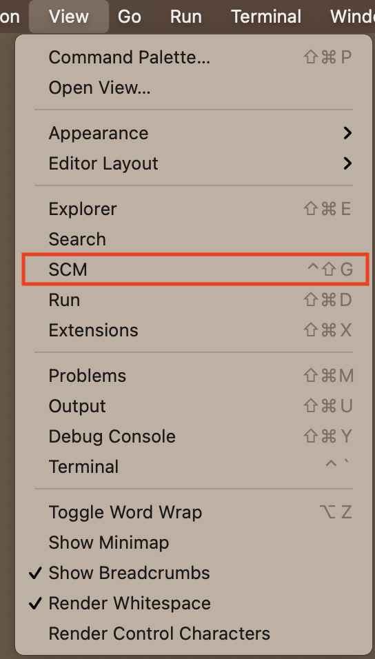 Select the SCM menu item from the View Menu